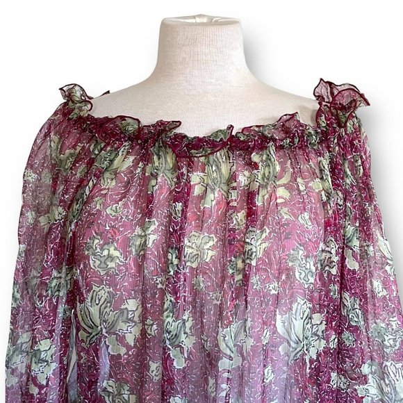 Peruvian Connection Womens Blouse Sz M Sheer Floral 100% Silk Chiffon Boho Top - Picture 4 of 8